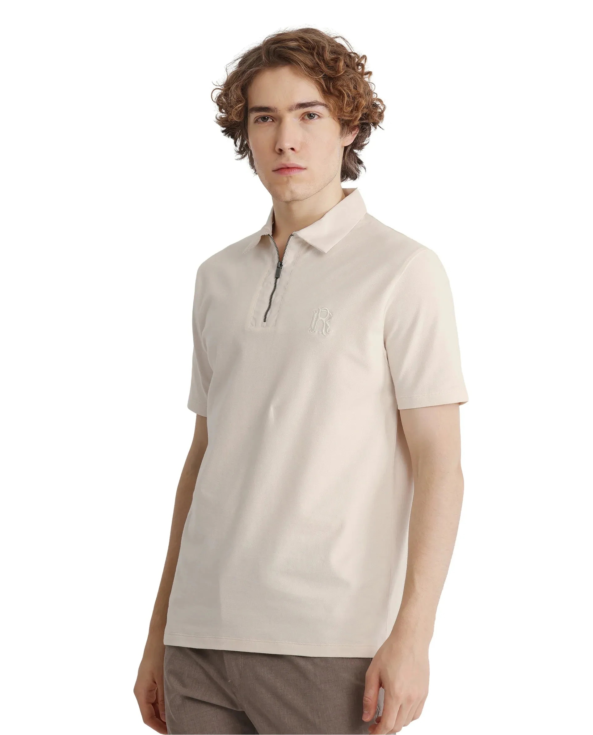 Rare Rabbit Men Presto Off White Short Sleeve Collared Neck Plain Polo