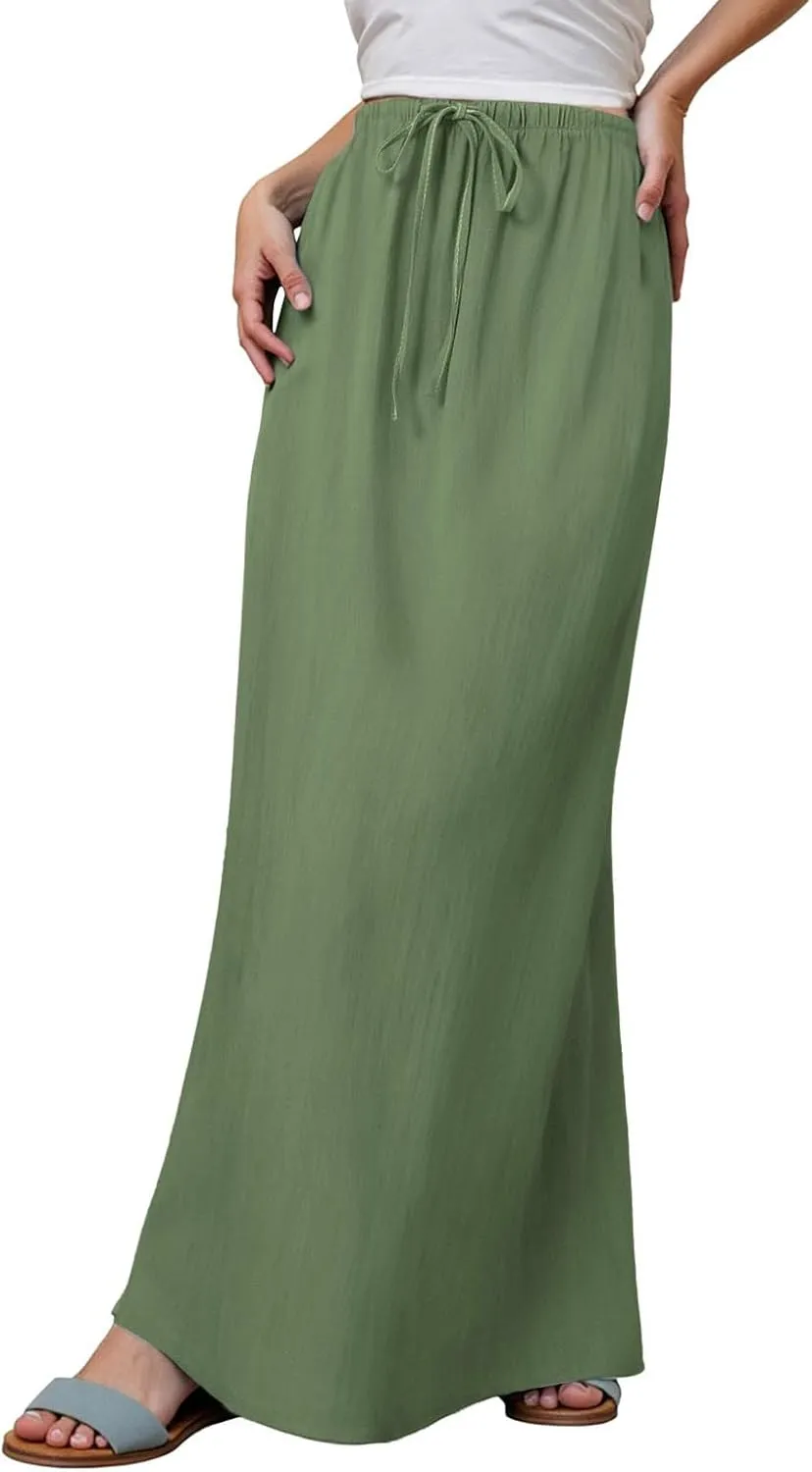 Rvidbe Maxi Skirts for Women Summer Casual Vacation Boho Elastic Waist Drawstring Cotton Linen Flowy Ankle-Length Skirt