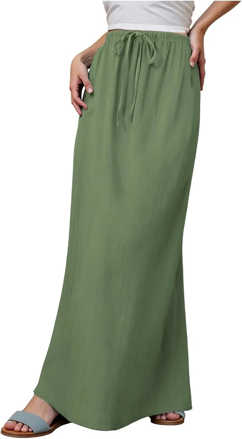 Rvidbe Maxi Skirts for Women Summer Casual Vacation Boho Elastic Waist Drawstring Cotton Linen Flowy Ankle-Length Skirt