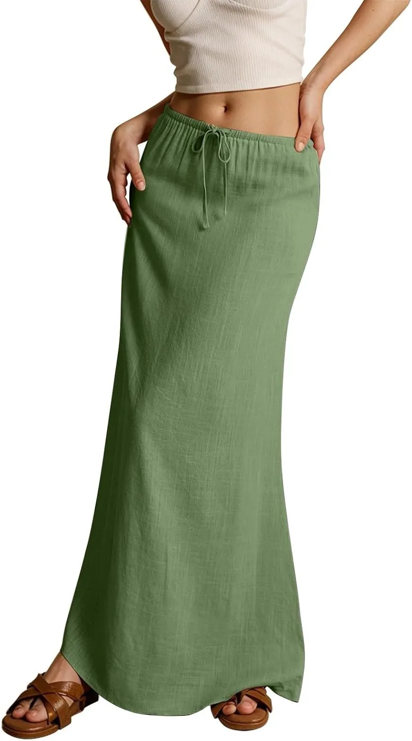 Rvidbe Maxi Skirts for Women Summer Casual Vacation Boho Elastic Waist Drawstring Cotton Linen Flowy Ankle-Length Skirt
