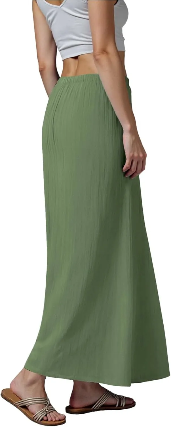 Rvidbe Maxi Skirts for Women Summer Casual Vacation Boho Elastic Waist Drawstring Cotton Linen Flowy Ankle-Length Skirt