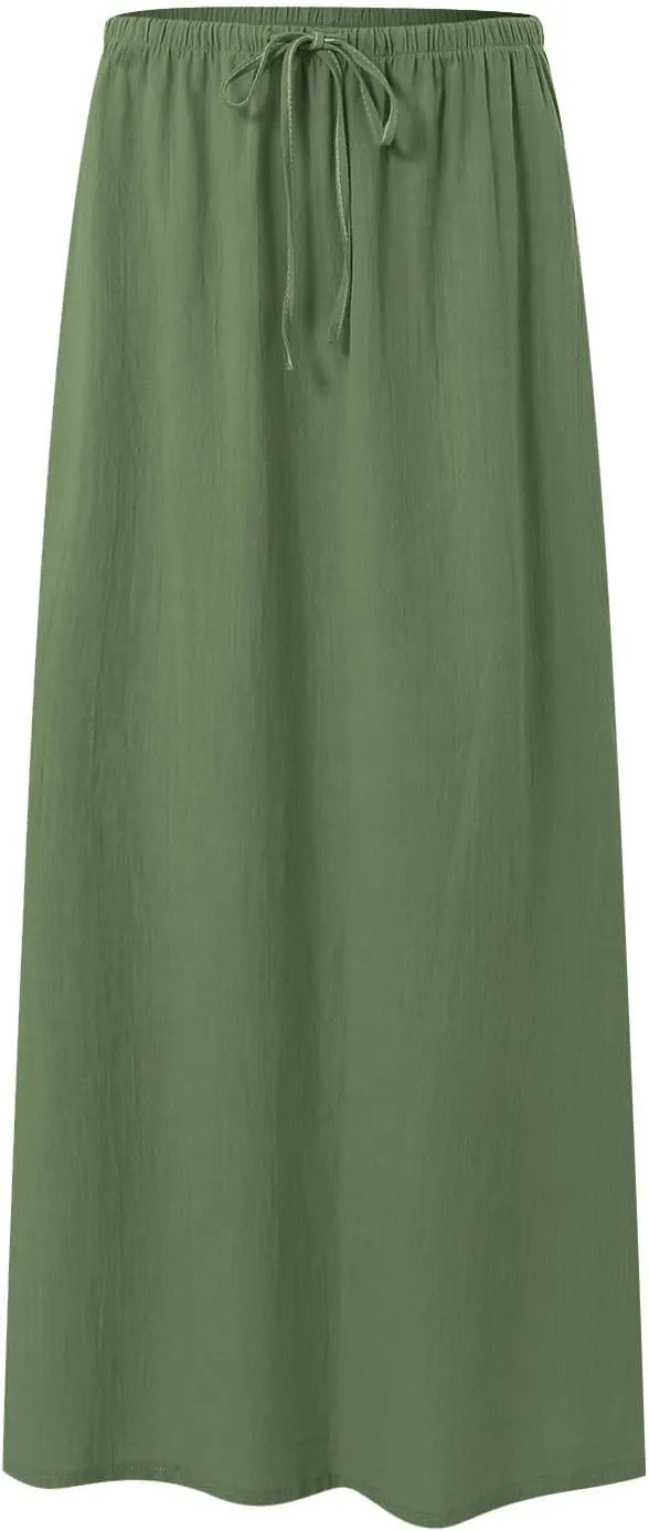 Rvidbe Maxi Skirts for Women Summer Casual Vacation Boho Elastic Waist Drawstring Cotton Linen Flowy Ankle-Length Skirt