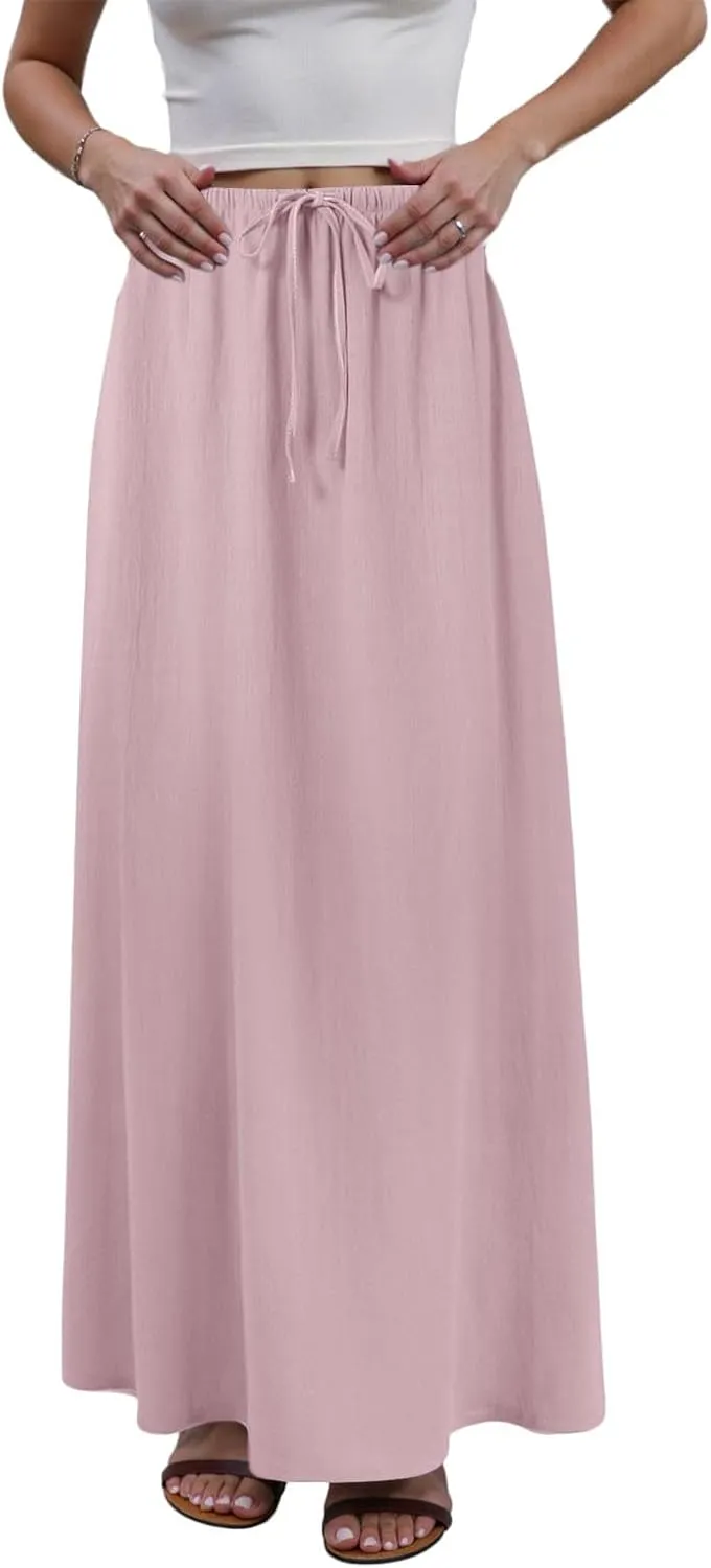 Rvidbe Womens Linen Maxi Skirts 2025 Summer Casual Vacation Boho Elastic Waist Drawstring Flared Flowy A-Line Long Skirt