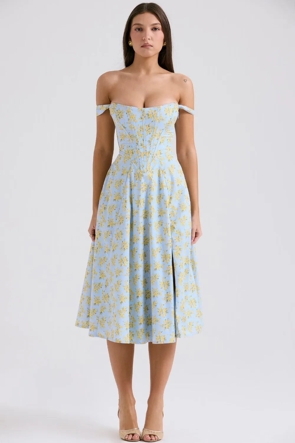 Saira Soft Blue Vintage Floral Print Cotton Midi Sundress