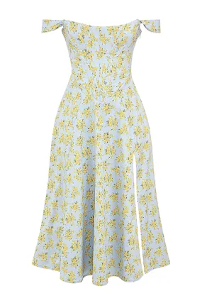 Saira Soft Blue Vintage Floral Print Cotton Midi Sundress