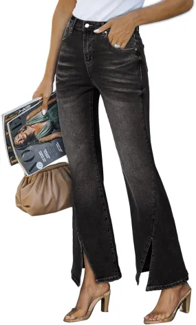 Sidefeel Womens Jeans High Waisted Stretchy Zimbaplatinum Wide Leg Jeans Trendy Slit Hem Bell Bottom Flare Denim Pants