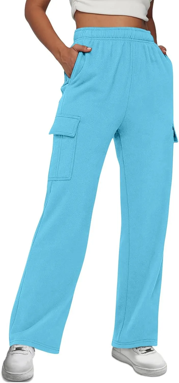 Straight Leg Cargo Sweatpants Women Baggy Fleece Elastic High Waisted Joggers Pants Casual Comfy Soft Parachute Pant