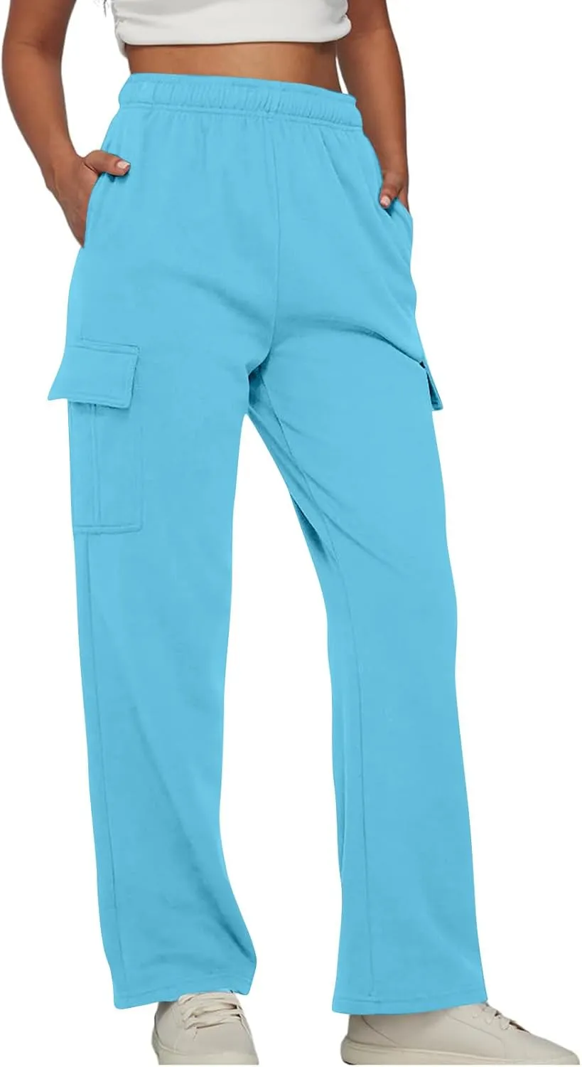 Straight Leg Cargo Sweatpants Women Baggy Fleece Elastic High Waisted Joggers Pants Casual Comfy Soft Parachute Pant