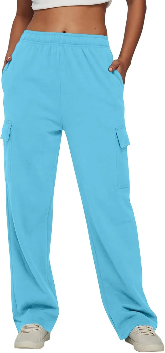 Straight Leg Cargo Sweatpants Women Baggy Fleece Elastic High Waisted Joggers Pants Casual Comfy Soft Parachute Pant