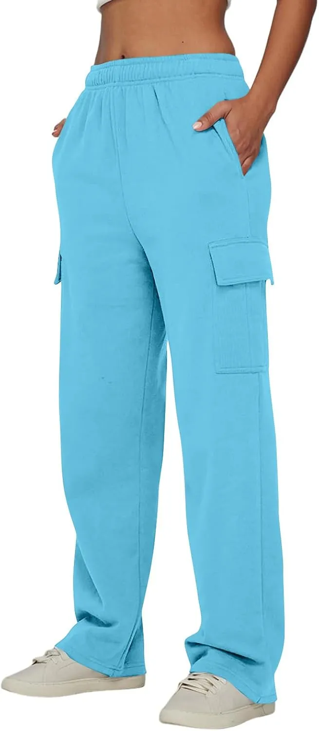 Straight Leg Cargo Sweatpants Women Baggy Fleece Elastic High Waisted Joggers Pants Casual Comfy Soft Parachute Pant