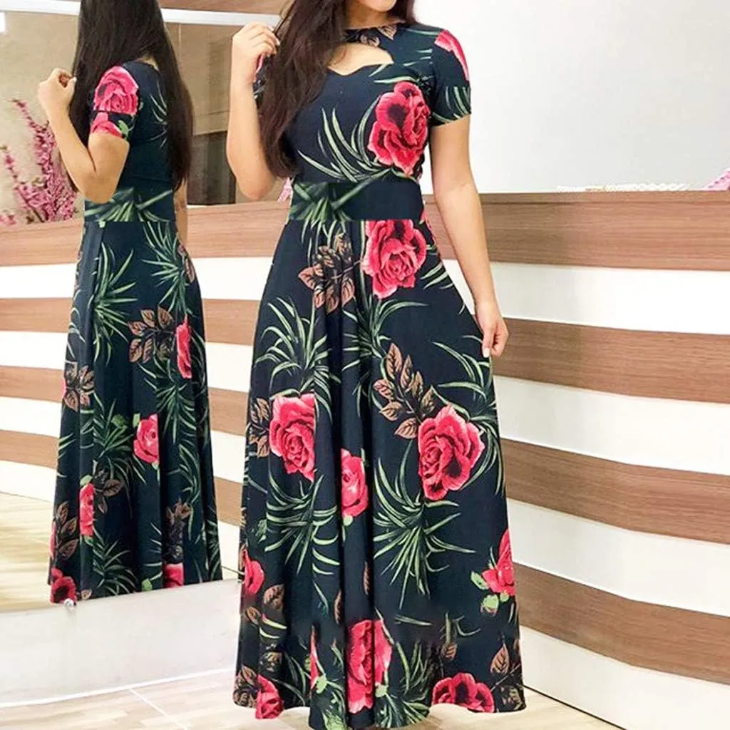 Summer Dresses for Women 2024 Floral Print Boho Long Dress Short Sleeve Hollow Out Flowy Maxi Dress Beach Dress