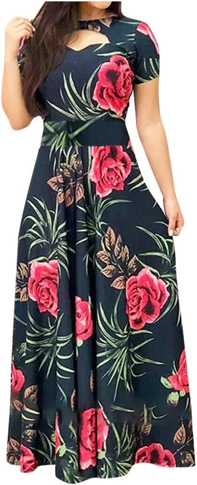 Summer Dresses for Women 2024 Floral Print Boho Long Dress Short Sleeve Hollow Out Flowy Maxi Dress Beach Dress