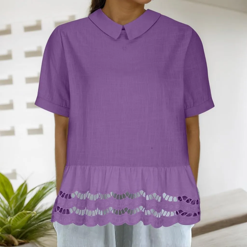 Summer Shirts Women Patchwork Hem Hollow Short Sleeve Tshirts Casual Holiday Preppy Lightweight Breathable Streetwear