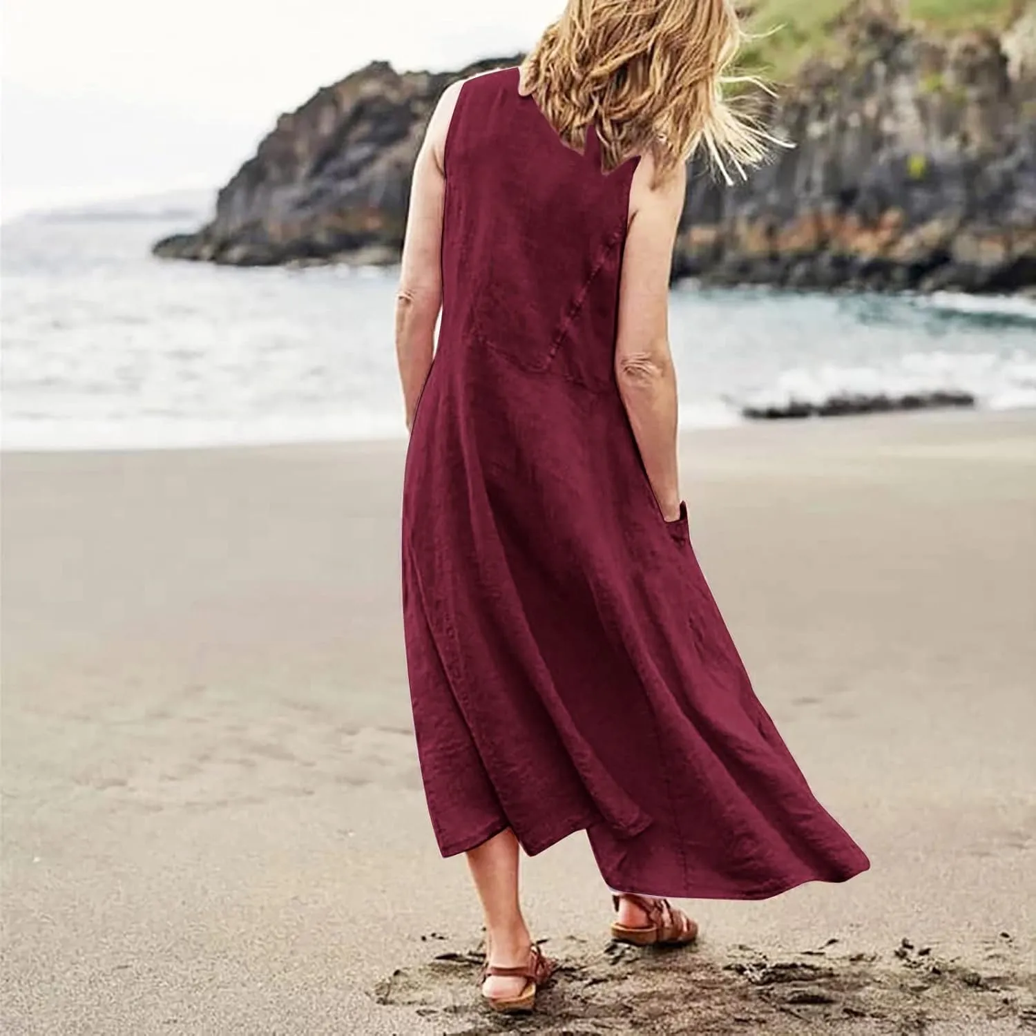 Sundresses for Women 2024 Casual Cotton Linen Maxi Dresses with Pockets Loose Solid Sun Dress Plus Size Summer Dress