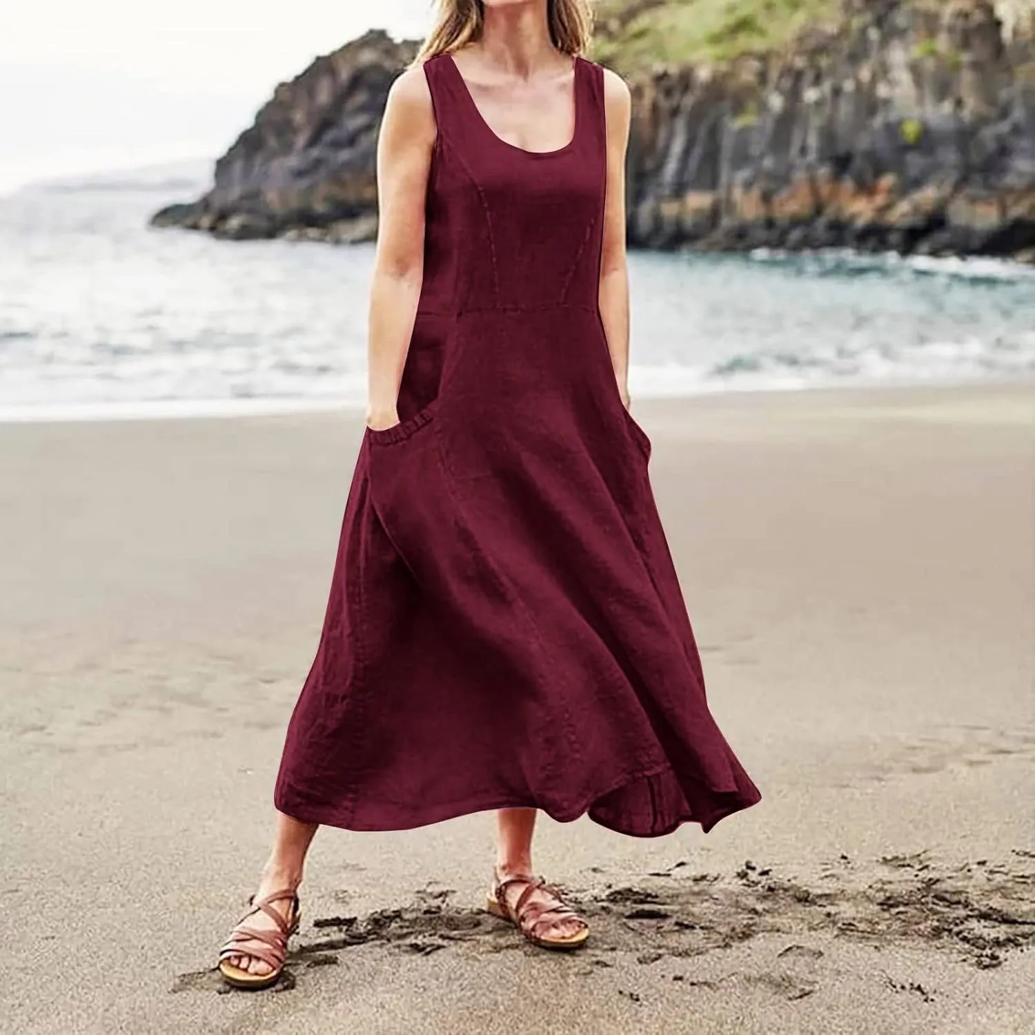 Sundresses for Women 2024 Casual Cotton Linen Maxi Dresses with Pockets Loose Solid Sun Dress Plus Size Summer Dress