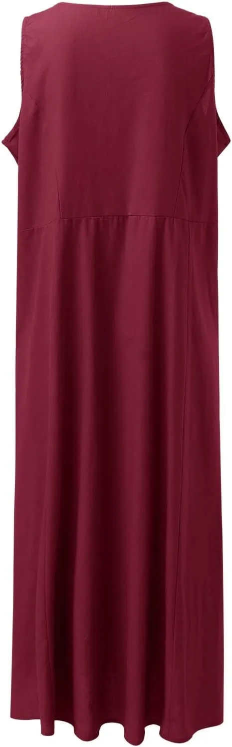 Sundresses for Women 2024 Casual Cotton Linen Maxi Dresses with Pockets Loose Solid Sun Dress Plus Size Summer Dress