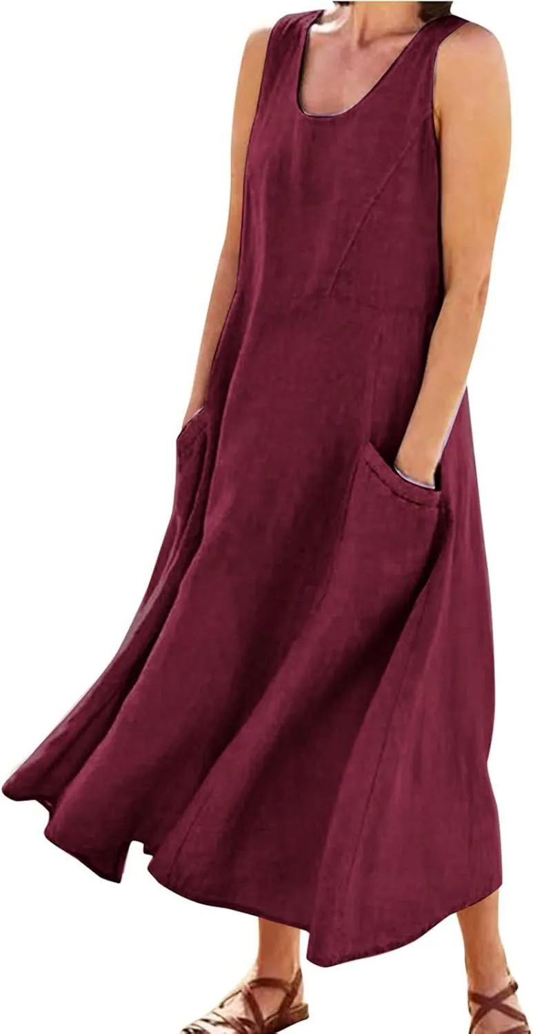 Sundresses for Women 2024 Casual Cotton Linen Maxi Dresses with Pockets Loose Solid Sun Dress Plus Size Summer Dress