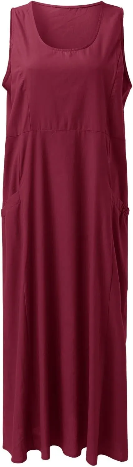 Sundresses for Women 2024 Casual Cotton Linen Maxi Dresses with Pockets Loose Solid Sun Dress Plus Size Summer Dress