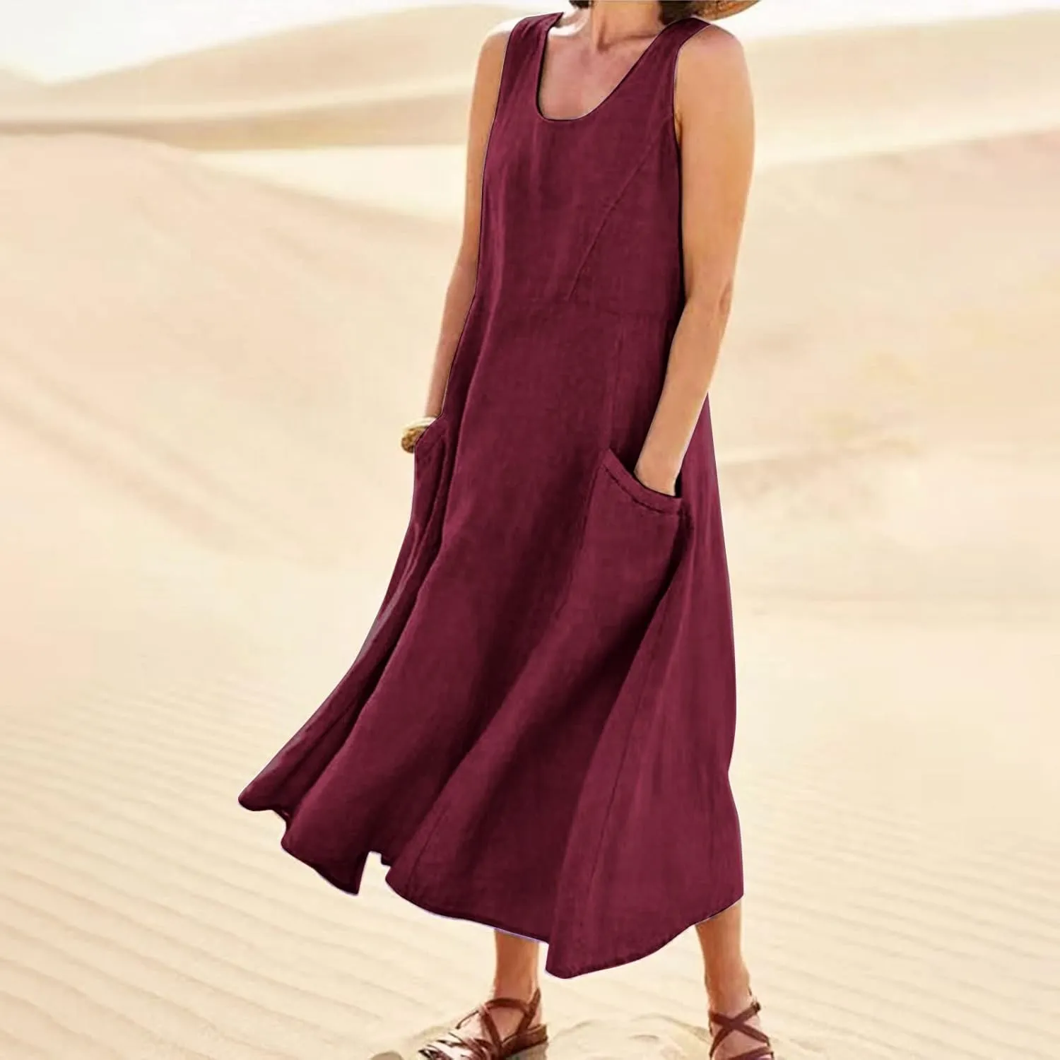 Sundresses for Women 2024 Casual Cotton Linen Maxi Dresses with Pockets Loose Solid Sun Dress Plus Size Summer Dress