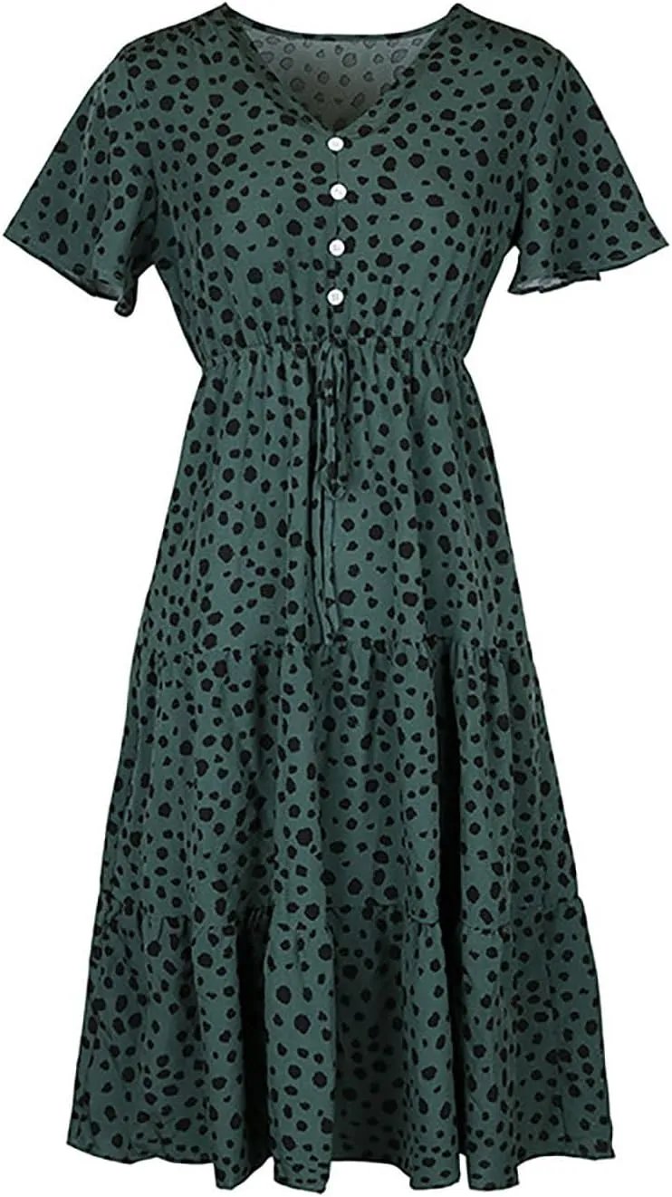 Sundresses for Women 2025 Floral Summer Short Sleeve Wrap Button V Neck A-Line Layered Midi Dress with Pockets