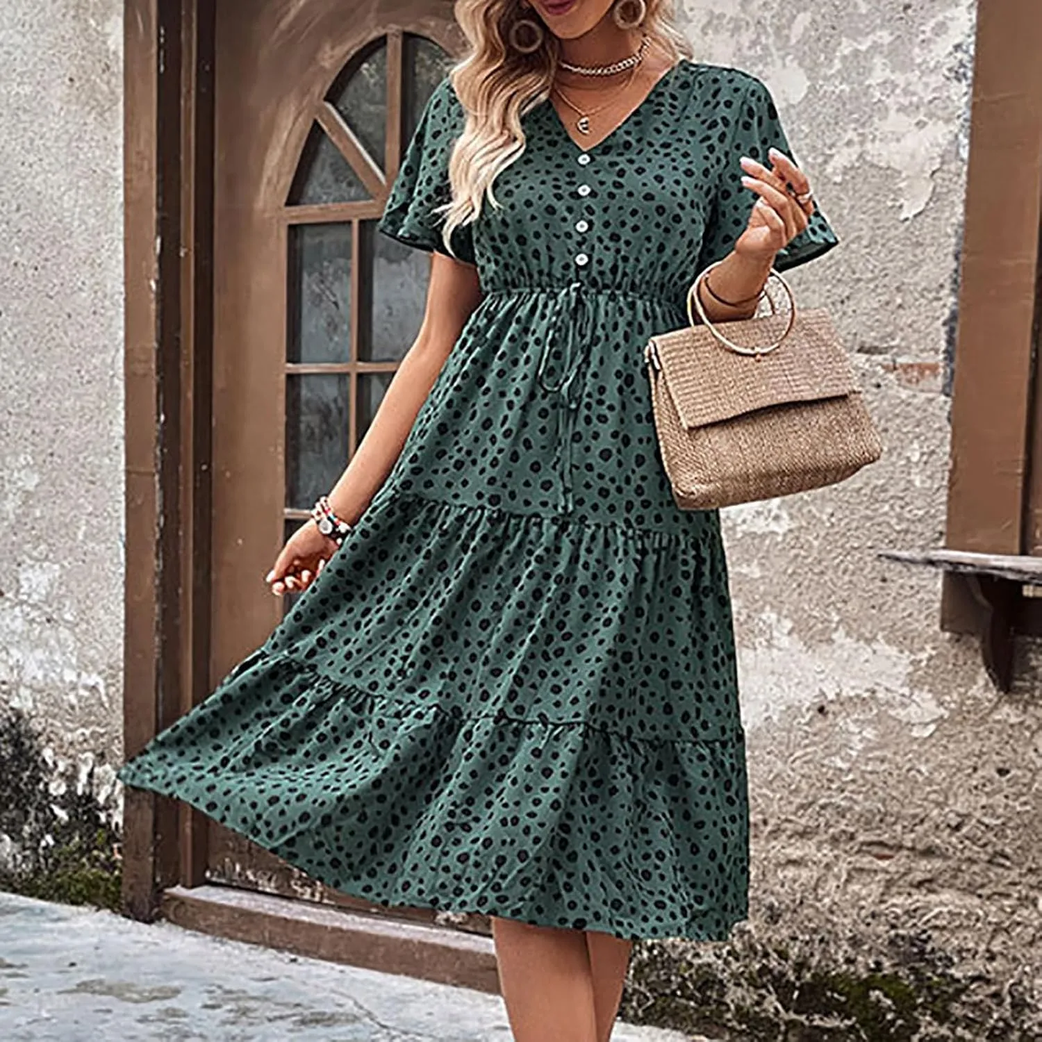 Sundresses for Women 2025 Floral Summer Short Sleeve Wrap Button V Neck A-Line Layered Midi Dress with Pockets