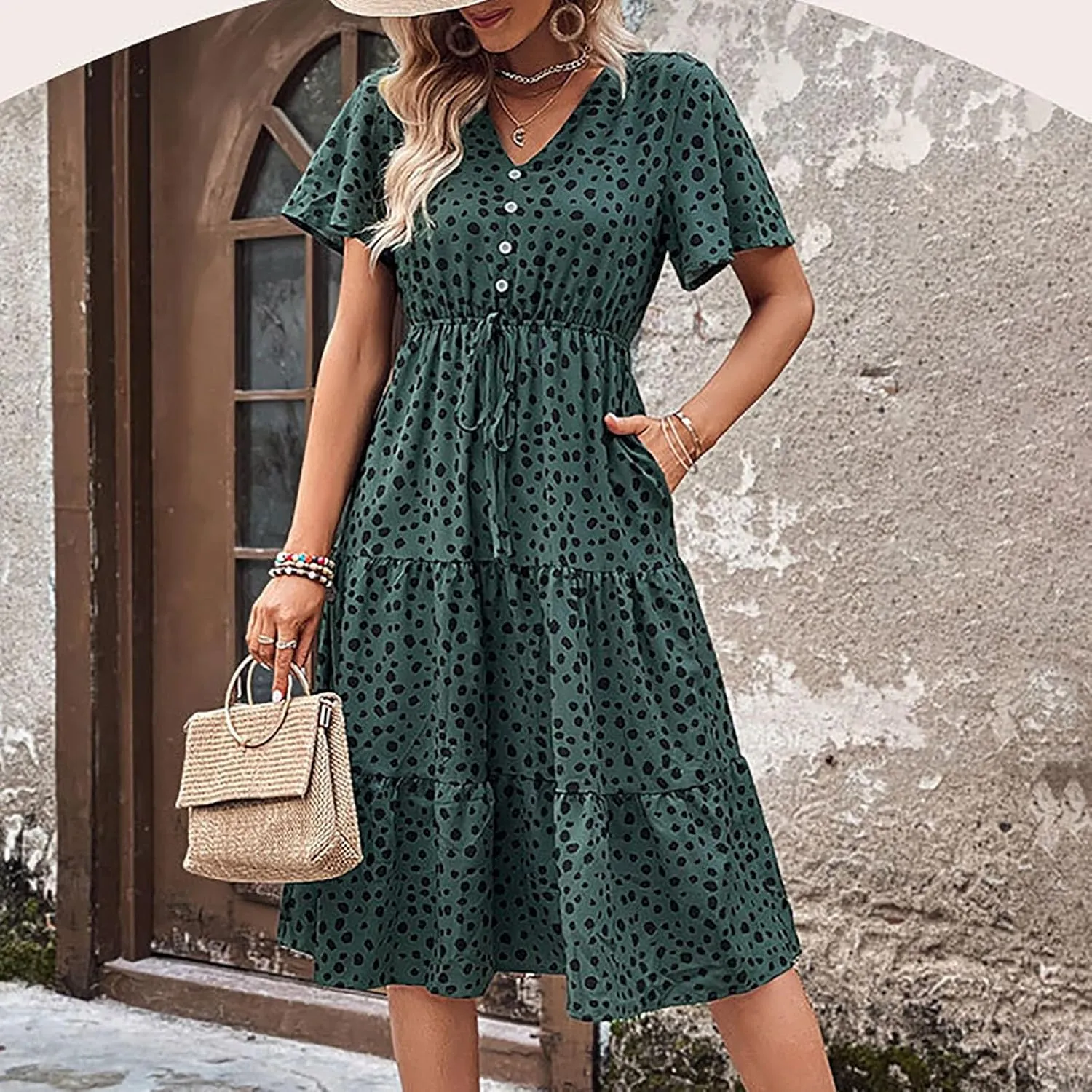 Sundresses for Women 2025 Floral Summer Short Sleeve Wrap Button V Neck A-Line Layered Midi Dress with Pockets