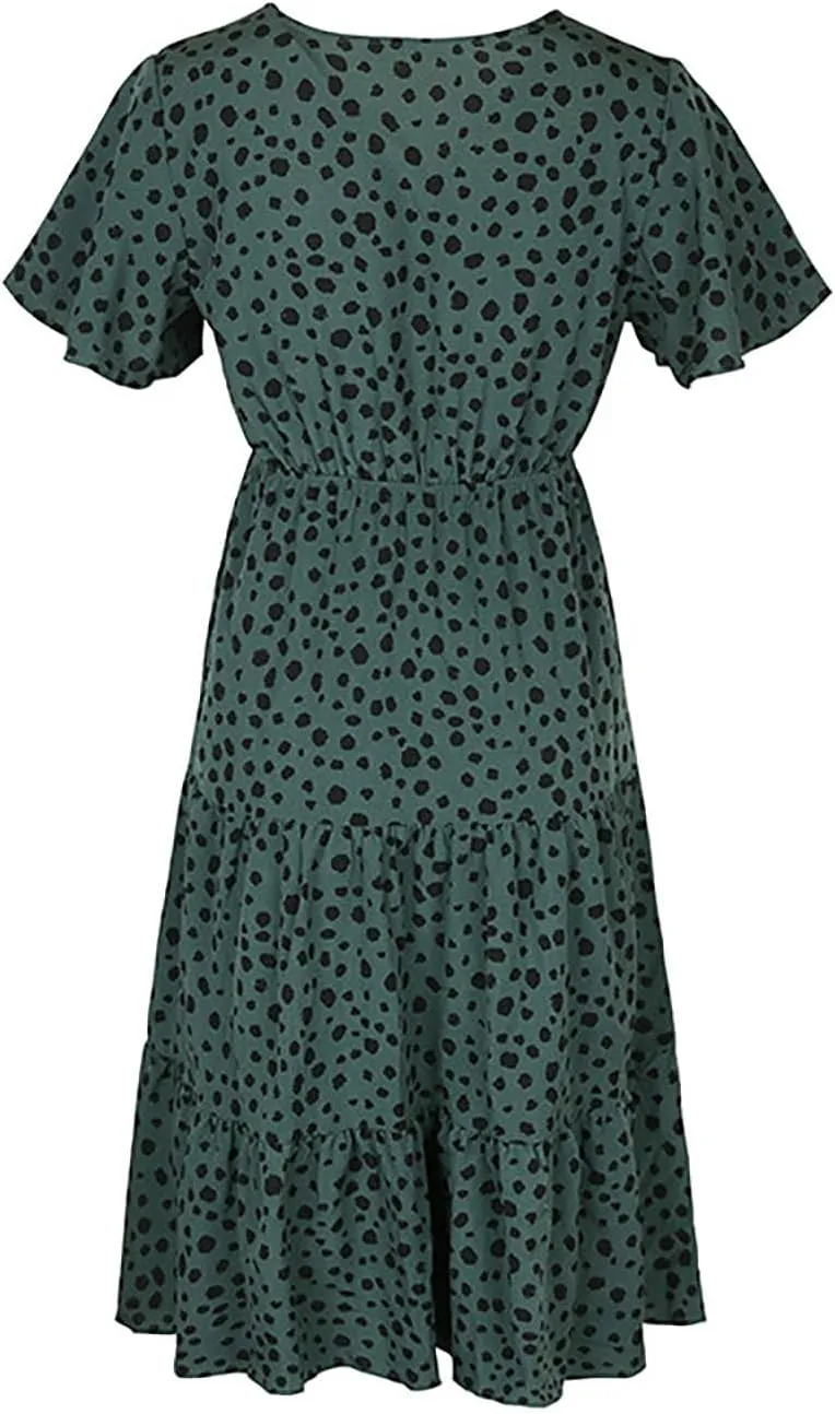 Sundresses for Women 2025 Floral Summer Short Sleeve Wrap Button V Neck A-Line Layered Midi Dress with Pockets