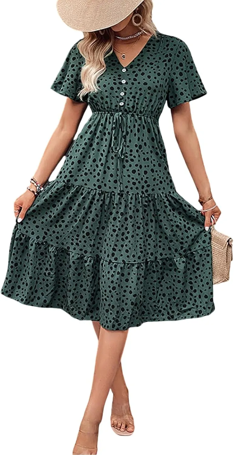Sundresses for Women 2025 Floral Summer Short Sleeve Wrap Button V Neck A-Line Layered Midi Dress with Pockets