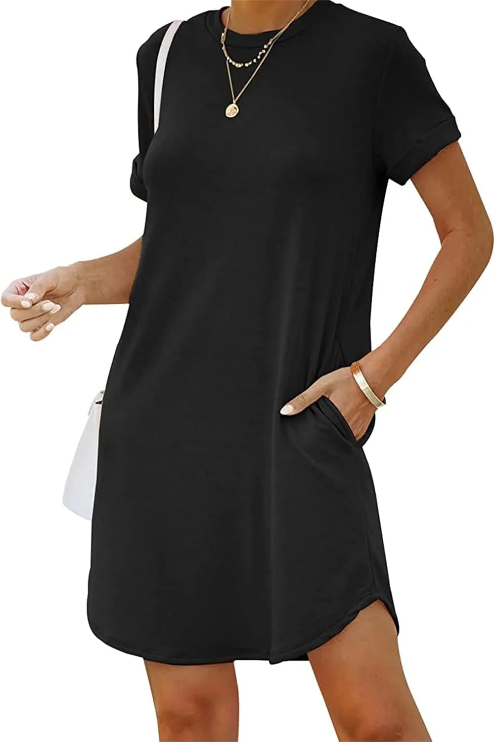 Tshirt Dress Women Summer Short Sleeve Mini Dress Soft Crew Neck Casual Sundress Loose Solid Color Dresses with Pockets