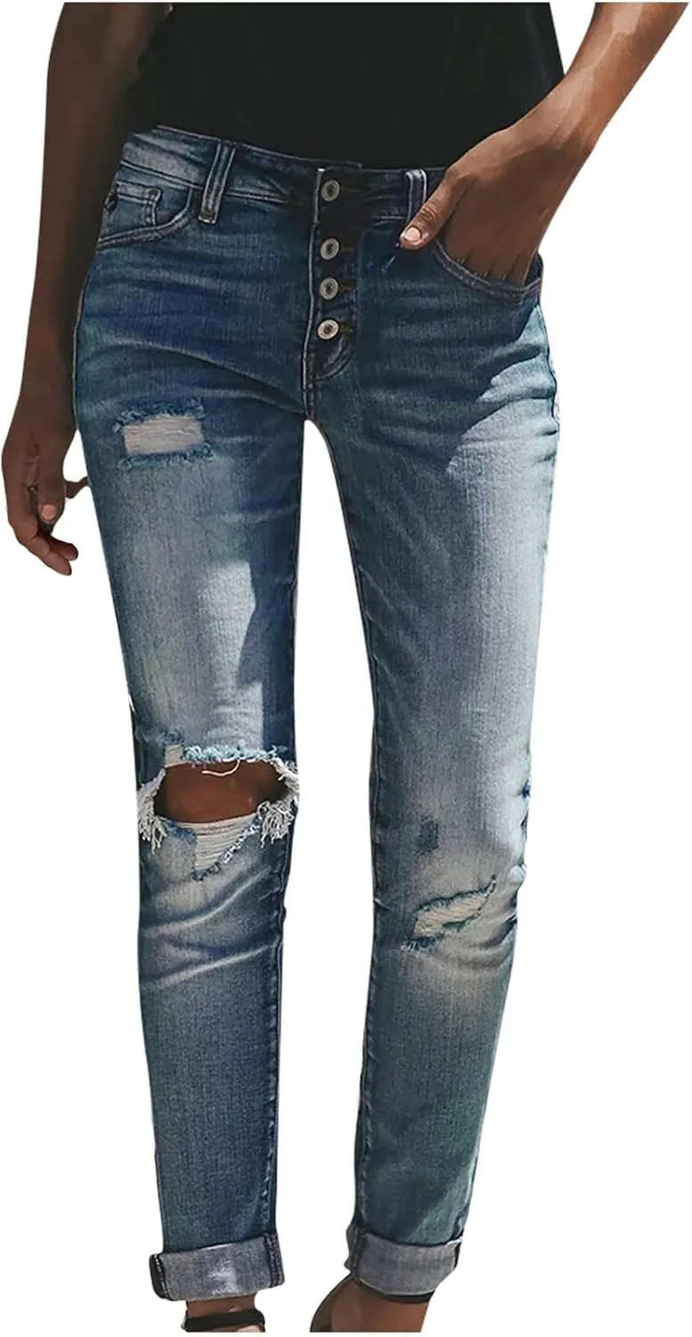 tuduoms Women Ripped Mid Rise Jeans Frayed Hem Denim Stretchy Skinny Jeans Fashion Boyfriend Distressed Ribbed Jegging Jeans