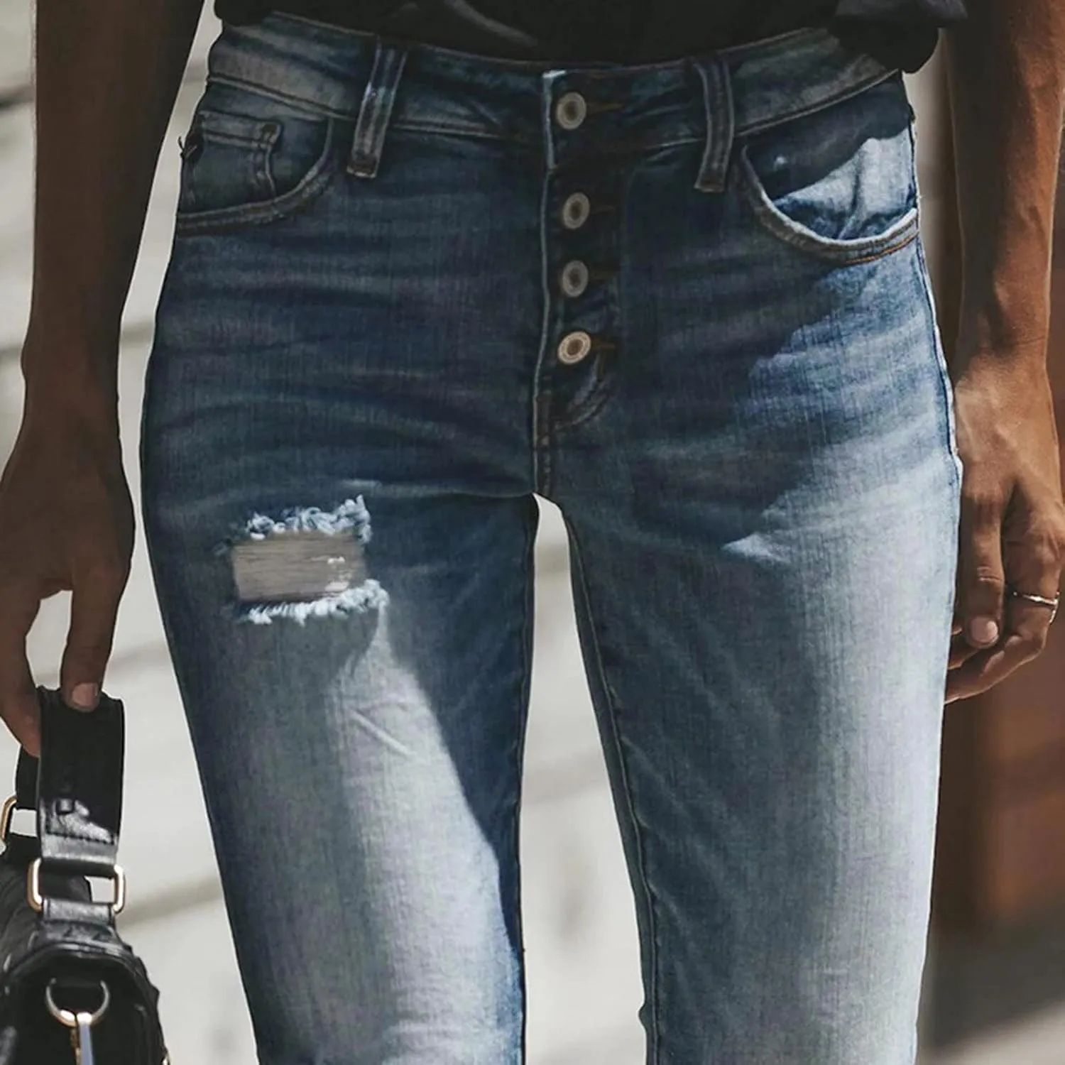 tuduoms Women Ripped Mid Rise Jeans Frayed Hem Denim Stretchy Skinny Jeans Fashion Boyfriend Distressed Ribbed Jegging Jeans