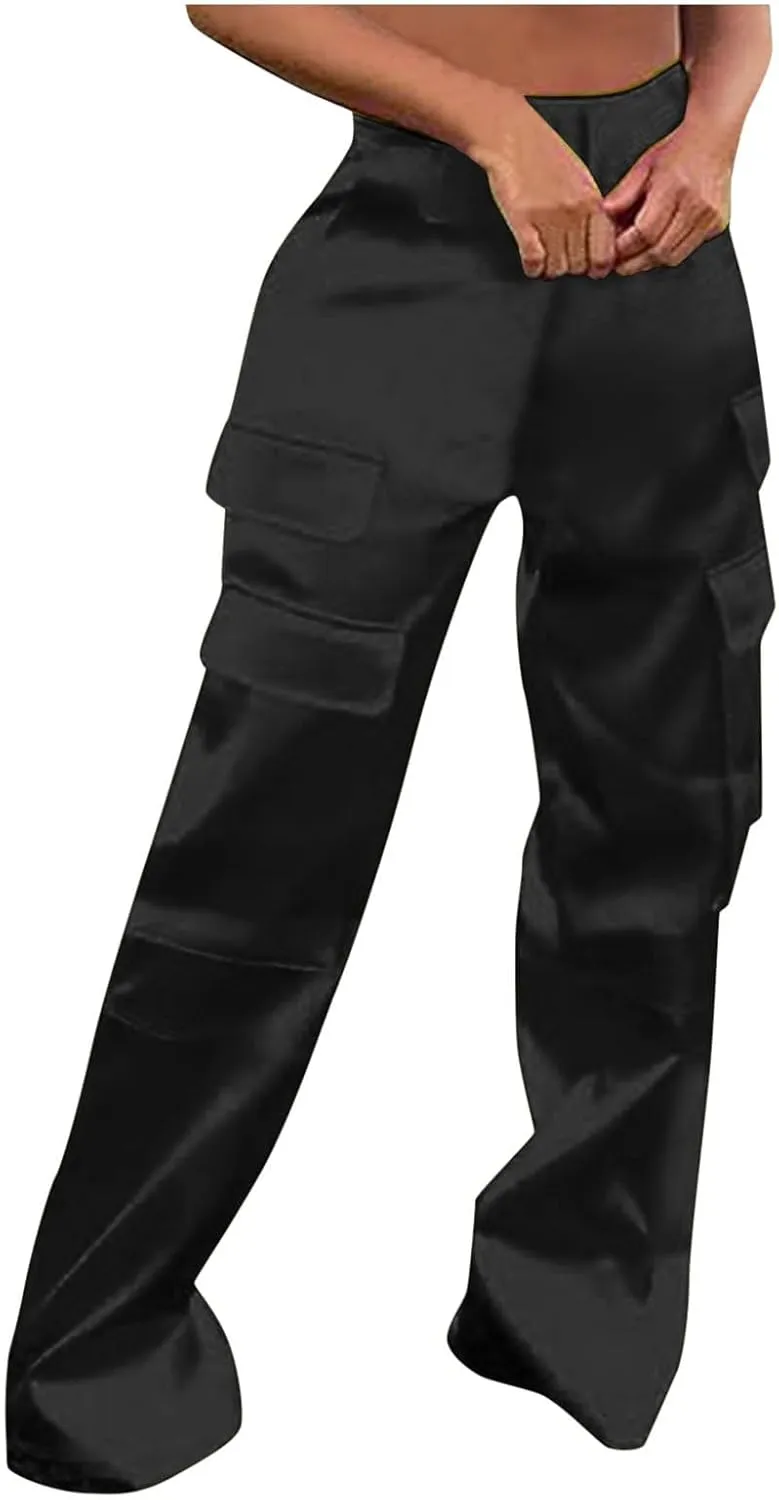 Women Casual Cargo Pants Loose Fit High Waist Multiple Pockets Straight Wide Leg Long Trousers Soft Cosy