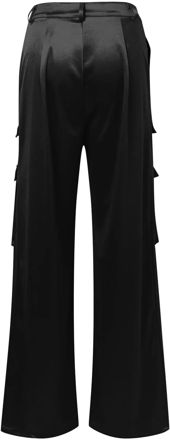 Women Casual Cargo Pants Loose Fit High Waist Multiple Pockets Straight Wide Leg Long Trousers Soft Cosy