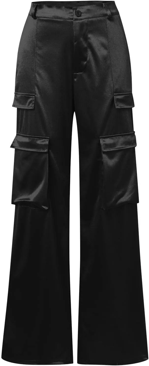 Women Casual Cargo Pants Loose Fit High Waist Multiple Pockets Straight Wide Leg Long Trousers Soft Cosy