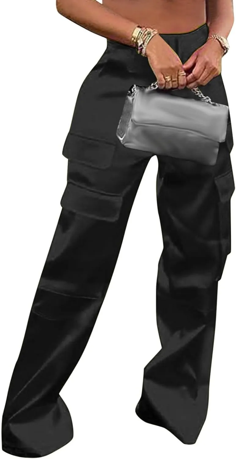 Women Casual Cargo Pants Loose Fit High Waist Multiple Pockets Straight Wide Leg Long Trousers Soft Cosy
