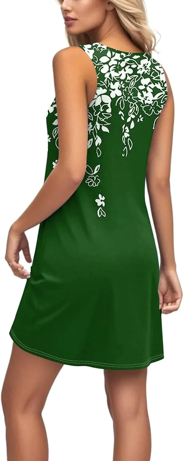Women Sundresses Casual Sleeveless U Neck Boho Beach Dress A Line Floral Prints Tank Tshirt Dress with Pockets