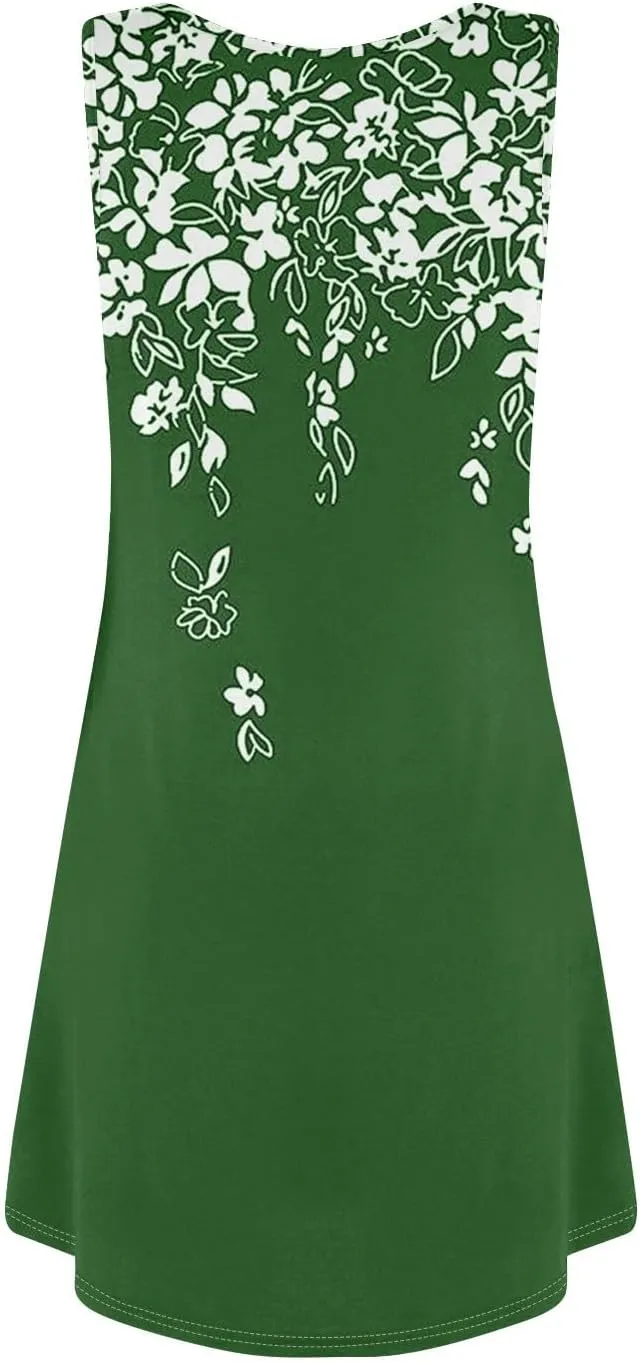Women Sundresses Casual Sleeveless U Neck Boho Beach Dress A Line Floral Prints Tank Tshirt Dress with Pockets
