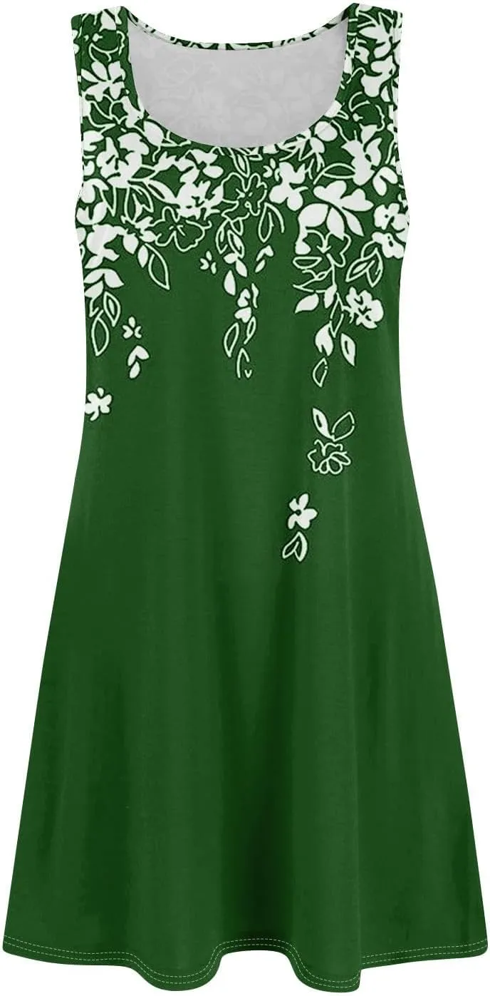 Women Sundresses Casual Sleeveless U Neck Boho Beach Dress A Line Floral Prints Tank Tshirt Dress with Pockets