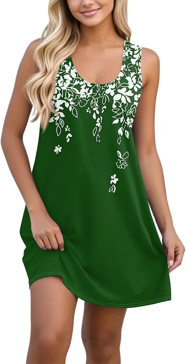 Women Sundresses Casual Sleeveless U Neck Boho Beach Dress A Line Floral Prints Tank Tshirt Dress with Pockets