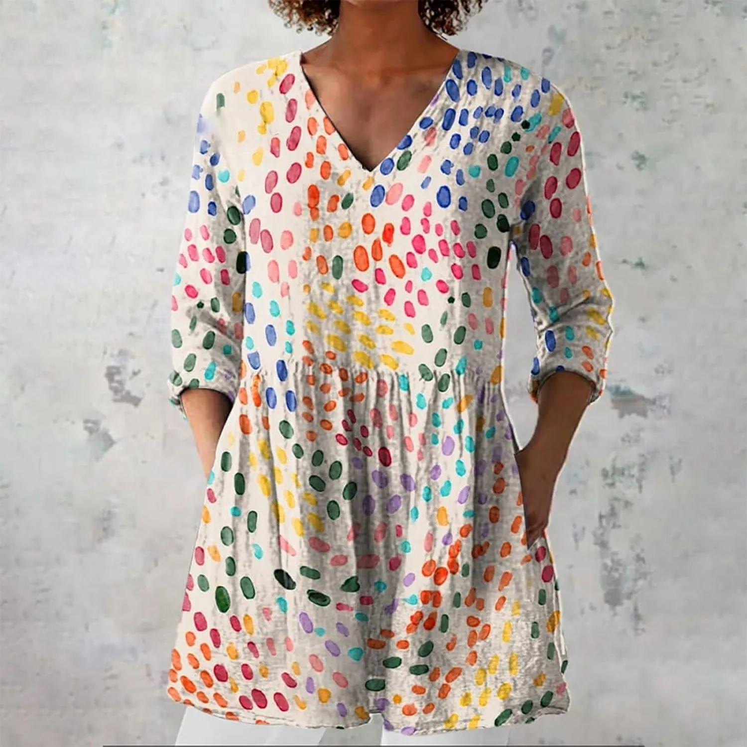 Womens 3/4 Length Sleeve Tops Summer V Neck Shirts Boho Floral Print Blouses Pleated Loose Fit Tunic with Pockets