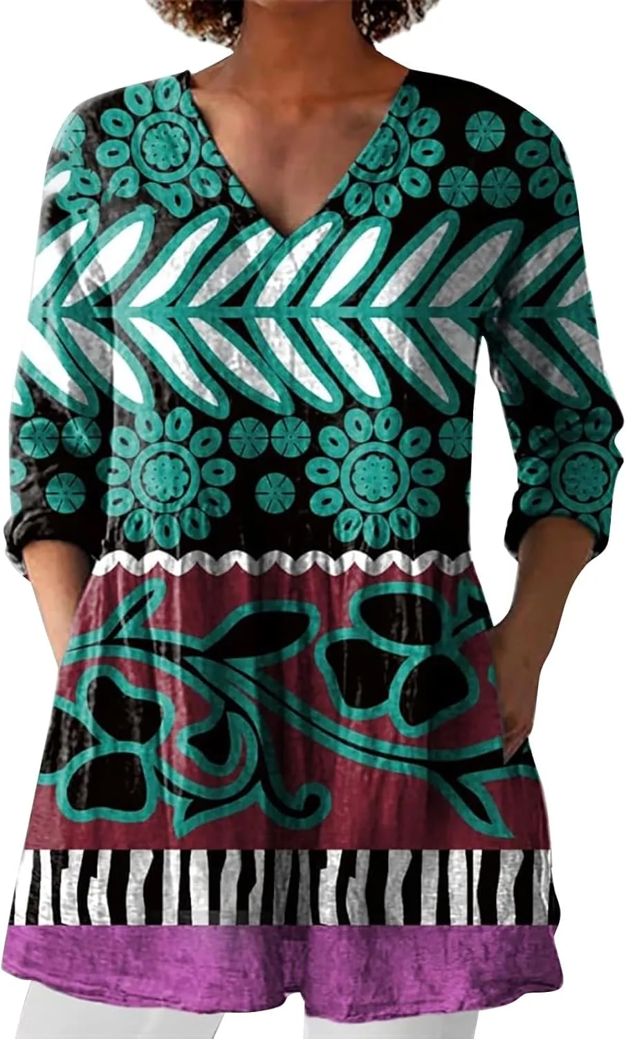 Womens 3/4 Length Sleeve Tops Summer V Neck Shirts Boho Floral Print Blouses Pleated Loose Fit Tunic with Pockets
