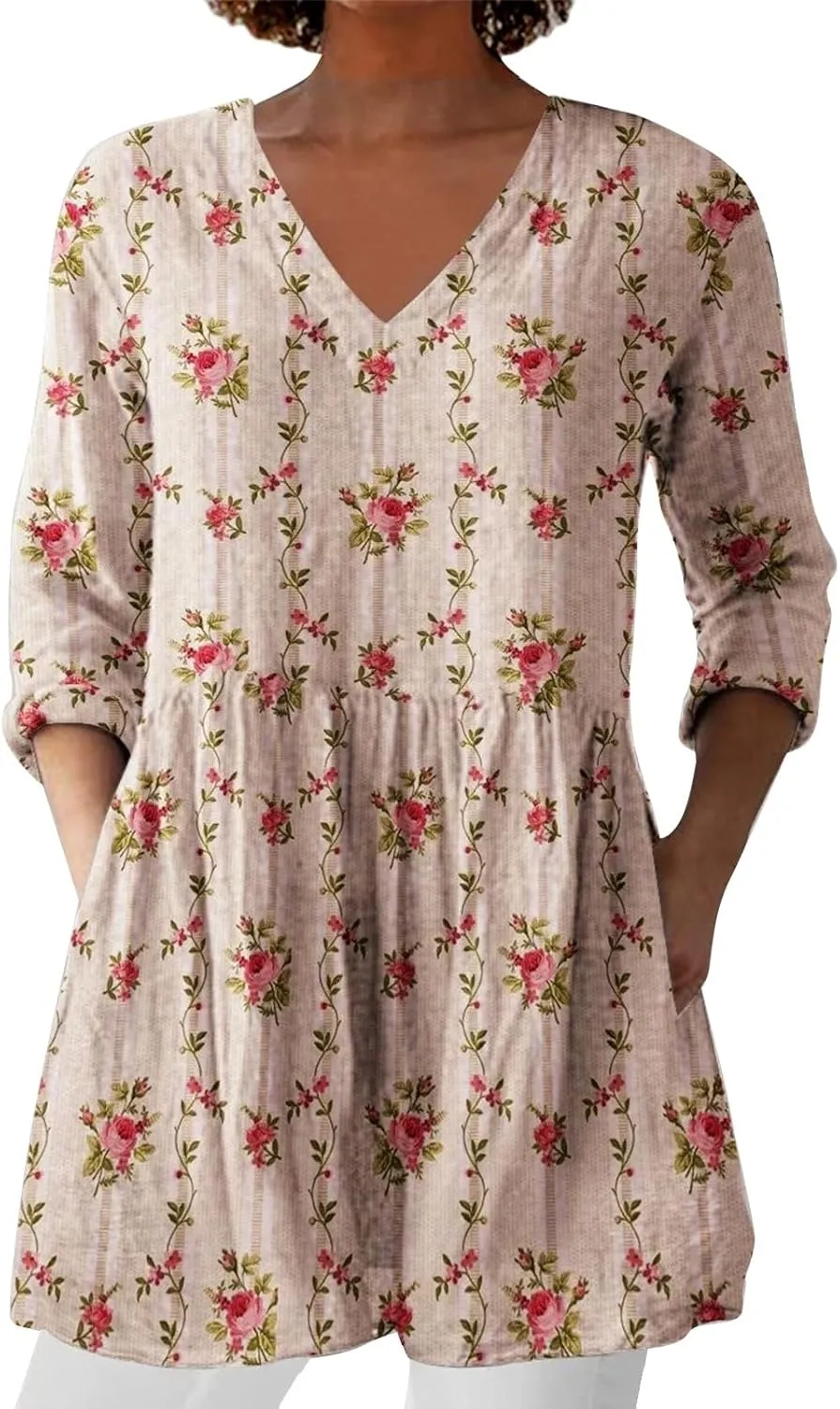 Womens 3/4 Length Sleeve Tops Summer V Neck Shirts Boho Floral Print Blouses Pleated Loose Fit Tunic with Pockets