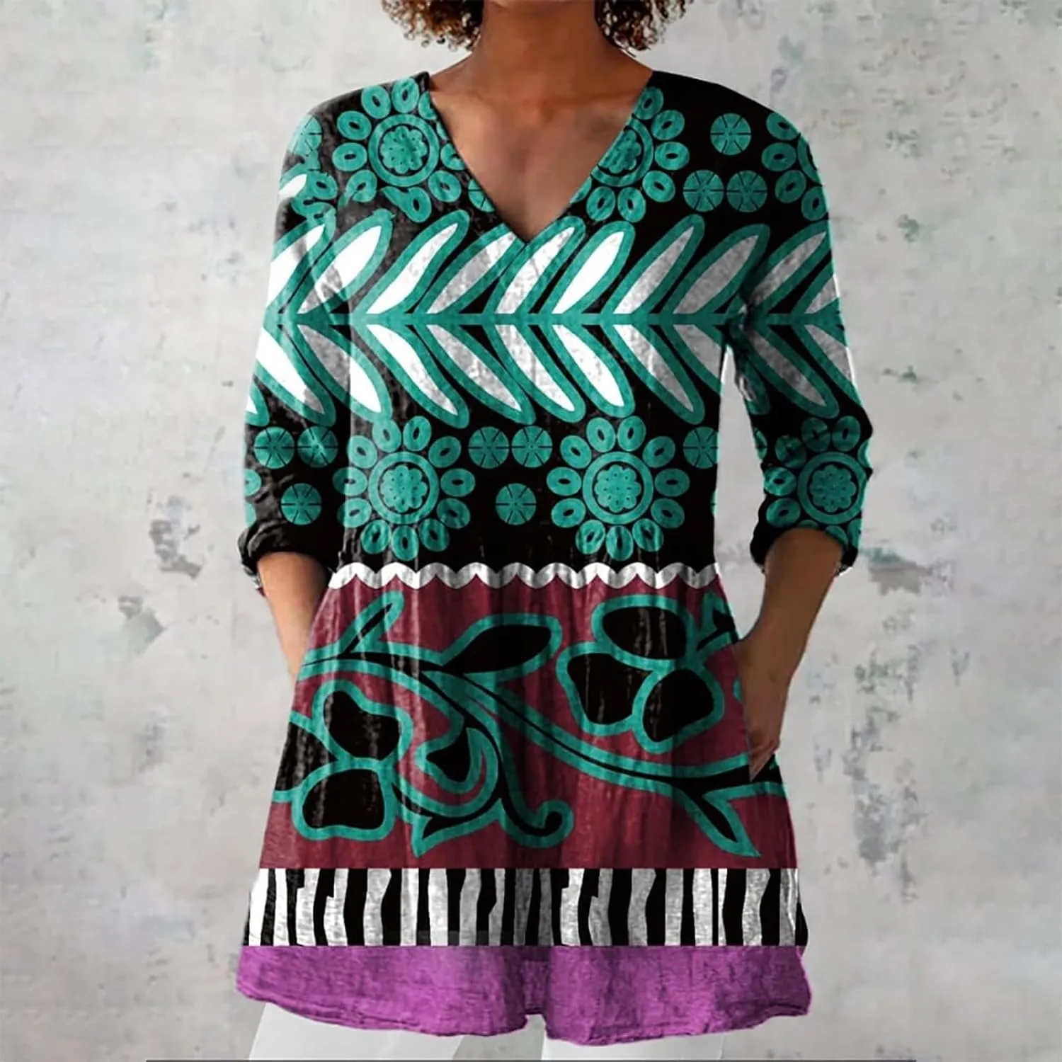 Womens 3/4 Length Sleeve Tops Summer V Neck Shirts Boho Floral Print Blouses Pleated Loose Fit Tunic with Pockets