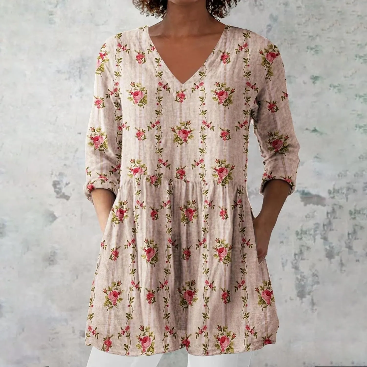 Womens 3/4 Length Sleeve Tops Summer V Neck Shirts Boho Floral Print Blouses Pleated Loose Fit Tunic with Pockets