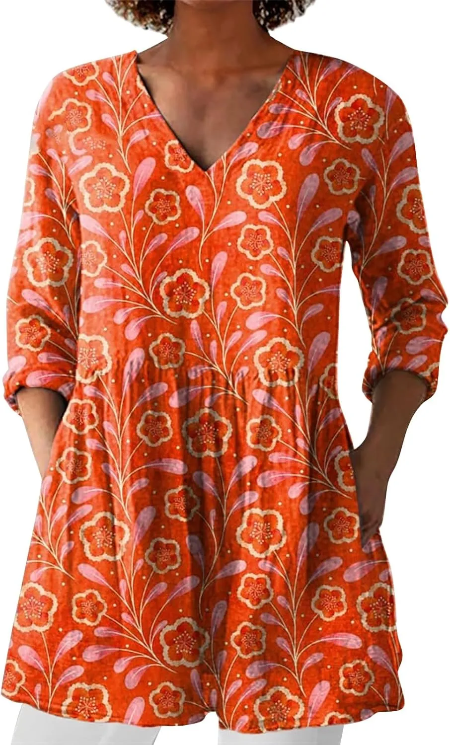 Womens 3/4 Length Sleeve Tops Summer V Neck Shirts Boho Floral Print Blouses Pleated Loose Fit Tunic with Pockets