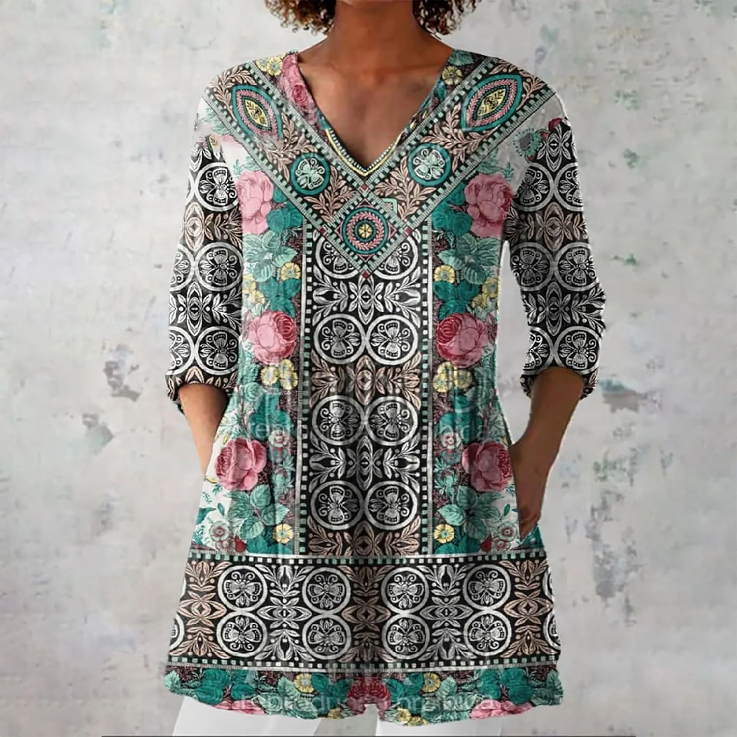 Womens 3/4 Length Sleeve Tops Summer V Neck Shirts Boho Floral Print Blouses Pleated Loose Fit Tunic with Pockets