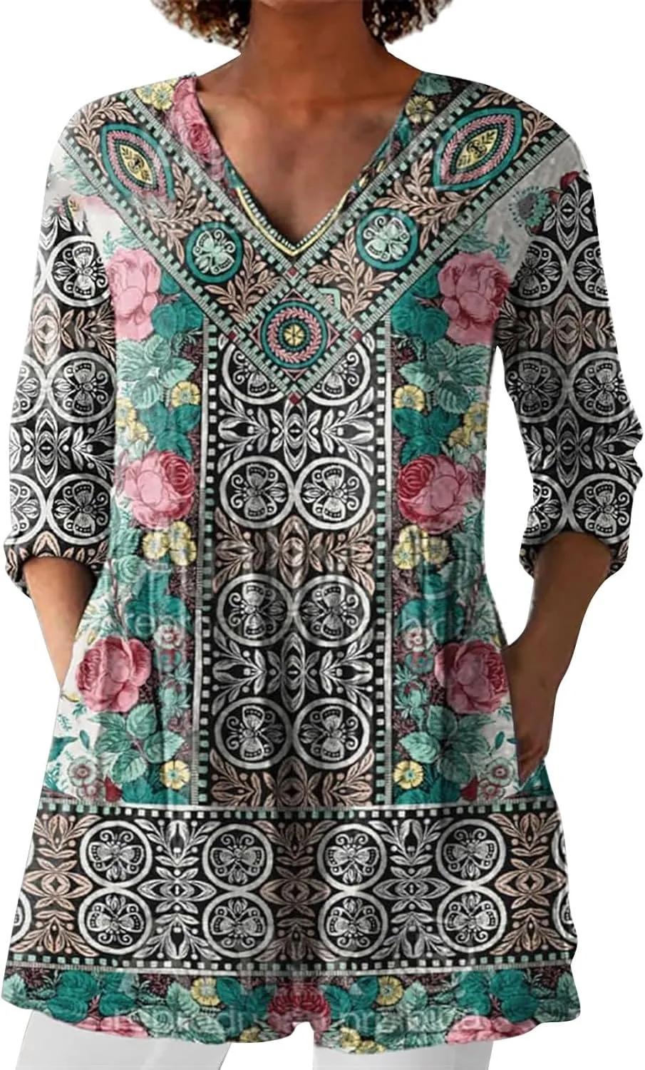 Womens 3/4 Length Sleeve Tops Summer V Neck Shirts Boho Floral Print Blouses Pleated Loose Fit Tunic with Pockets