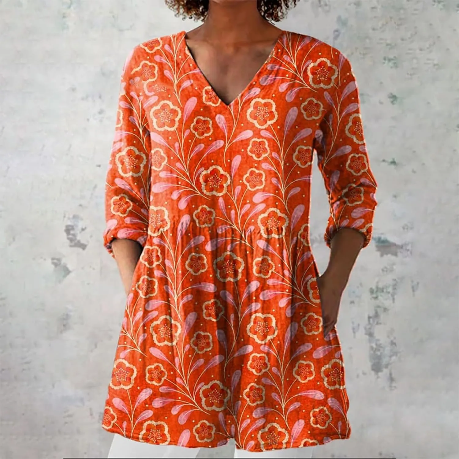 Womens 3/4 Length Sleeve Tops Summer V Neck Shirts Boho Floral Print Blouses Pleated Loose Fit Tunic with Pockets