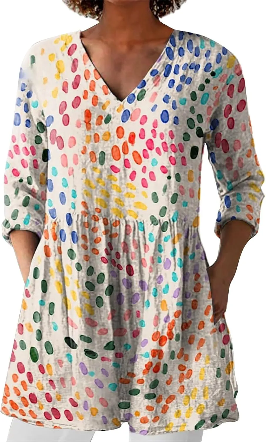 Womens 3/4 Length Sleeve Tops Summer V Neck Shirts Boho Floral Print Blouses Pleated Loose Fit Tunic with Pockets