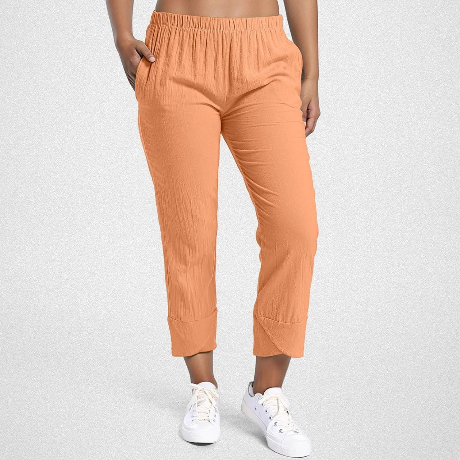 Women's Casual Pants 2025 Summer Tulip Hem Elastic Waist Straight-Leg Soft Loose Pants Baggy Trousers with Pockets